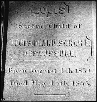 Gravestone of one of DeSaussure's children, who lived from 1854 to 1855