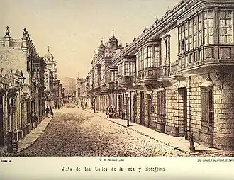 Colonial Calles de la Oca and de Bodegones (Lima) in 1866 by Manuel A. Fuentes and Firmin Didot, Brothers, Sons & Co. University of Chicago Library.[36]