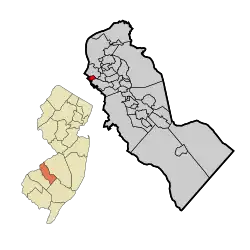 Location of Brooklawn in Camden County highlighted in red (right). Inset map: Location of Camden County in New Jersey highlighted in orange (left).