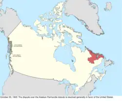 Map of the change to the international disputes involving Canada on October 20, 1903