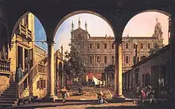 Capriccio of the Scuola di San Marco from the Loggia of the Palazzo Grifalconi Loredan, by Canaletto, 1750s, Private Collection