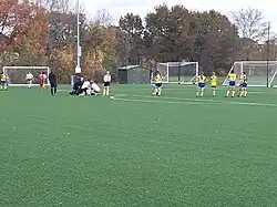 A team in white is playing a team in yellow and blue - a player on the white team is down injured