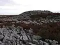 A mound of rough gritstone on a summit of stone and heather
