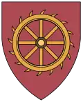 The college shield of St Catharine's College, Cambridge, prominently depicting a Catherine wheel.