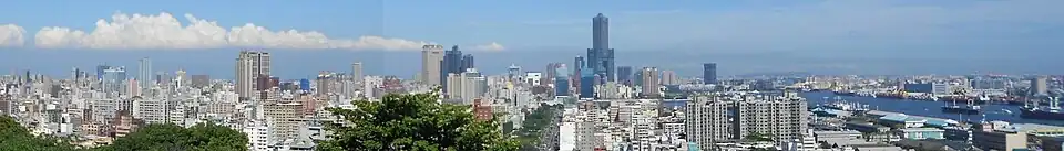Skyline of a city, showing several tall skyscrapers.
