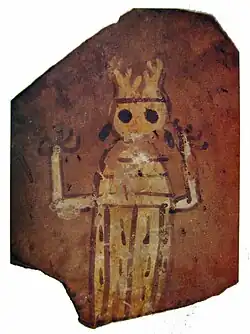 Fragment of a painted vase from Numantia, Spain. Blázquez has identified the antlered figure as Cernunnos, comparing him with the image from Valcamonica.