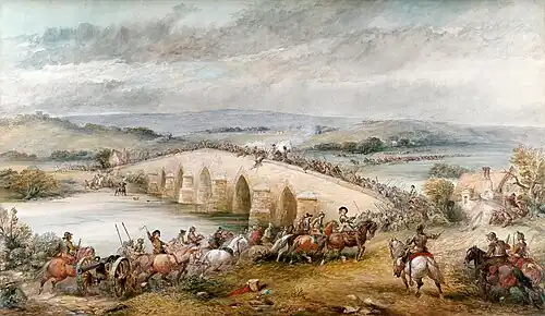 A colourful oil painting depicting two forces of 17th-century soldiers fighting on a large stone-built river bridge
