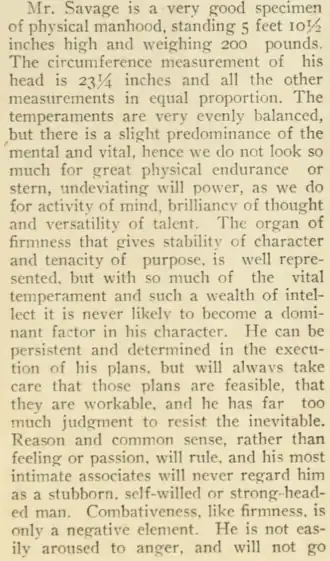 Phrenograph of Charles Roscoe Savage performed by Nephi Schofield in 1904. Published in the phrenological journal, the Character Builder.