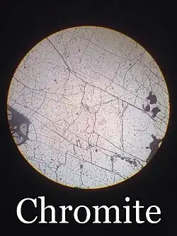 Chromite sample under a petrographic microscope in plain polarized light (PPL)