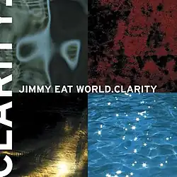 A 2x2 image of 4 different photographs, including inside a body, red fingerprints, light, and the ocean. The words "JIMMY EAT WORLD.CLARITY" can be seen along with the image. The big word "CLARITY." can be seen on the left of the image.