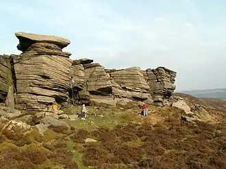 Climbers on Gun Buttress, Bamford Edge
