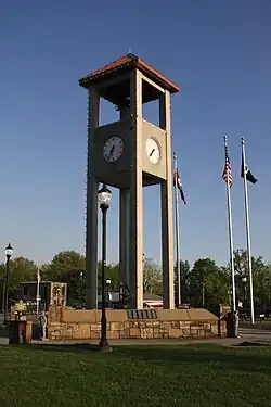 Clock and bell tower in Greenwood Town Square