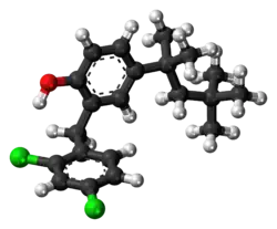 Ball-and-stick model of the clofoctol molecule