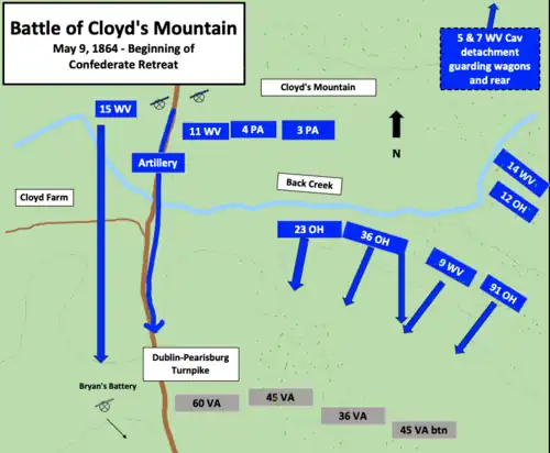 A color map showing the Union and Confederate troop positions (shaded blue and grey respectively), with the Confederate troops retreating further south compared to the beginning of the battle, while the Union troops chase them