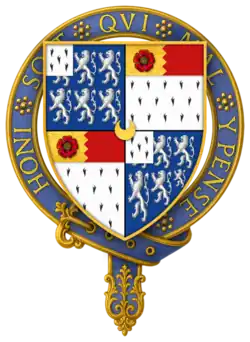 Garter-encircled arms of John Cheney:— Quarterly 1st and 4th, Azure six lions rampant three and three Argent a canton Ermine for Cheney; 2nd and 3rd, Ermine a chief per pale dancetty Or and Gules in the canton a rose Gules seeded Or for Shotisbrooke; overall a crescent for difference Or