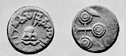Coinage of Vashishthiputra Sri Pulumavi, with Prakrit legend in the Brahmi script (starting at 12 o'clock): 𑀭𑀜𑁄 𑀯𑀸𑀲𑀺𑀣𑀺𑀧𑀼𑀢(𑀲 𑀲𑀺𑀭𑀺 𑀧𑀼)𑀎𑀼𑀫𑀸𑀯𑀺𑀲 Raño Vāsiṭhiputa(sa Siri-Pu)ḷumāvisa "Of King Lord Pulumavi, son of Vasishthi".