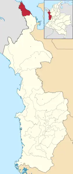 Location of the municipality and town of Acandí in the Chocó Department of Colombia