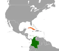 Map indicating locations of Colombia and Cuba