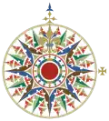 Highly ornate compass rose, with fleur-de-lis as north mark and cross pattée as east mark, from the Cantino planisphere (1502)