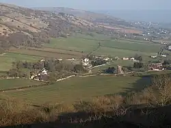Compton Bishop with the Mendips running eastwards beyond.