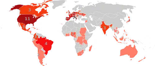 Numbered choropleth world map showing the number of cardinal electors for the 2005 papal conclave from each country