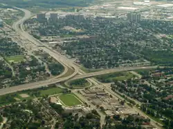 An aerial view of a freeway interchange