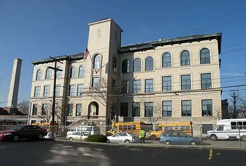 Conroy Junior High School (also known as Conroy Education Center), built in 1936, at the corner of Page and Fulton Streets.