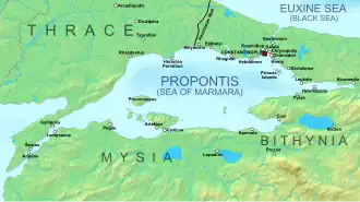 Geophysical map of the Marmara Sea and its shores, with main settlements of medieval times