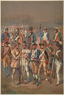 A group of about a dozen men is shown standing about. Each wears a different style of uniform, varying the hat, color of the jacket and its facing, color and cut of the waistcoat, color of the pants, and style of footwear. One man wears ranger garb, consisting of leather tunic, pants, and moccasins.