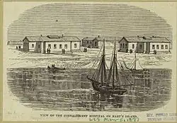 A black-on-yellow sketch showing the Convalescent Hospital on Hart Island