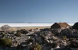 The village of Coqueza with the Salar de Uyuni in the background