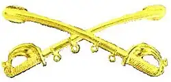 A computer generated reproduction of the insignia of the Union Army cavalry branch. The insignia is displayed in gold and consists of two sheafed swords crossing over each other at a 45 degree angle pointing upwards