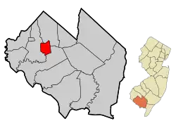 Location of Bridgeton in Cumberland County highlighted in red (left). Inset map: Location of Cumberland County in New Jersey highlighted in orange (right).