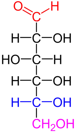 D-glucose in the Fischer projection. Red: Group with highest priority, Blue: For determination of D-/L- relevant group, Violet: Group with achiral carbon atom