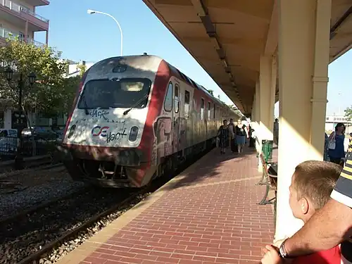 Diesel Multiple Unit DE-IC 2000N as an InterCity train stands at the Alexandroupolis after arriving from Thessaloniki.