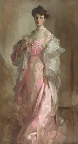 Oil painting of woman in Edwardian era, wearing pink dress