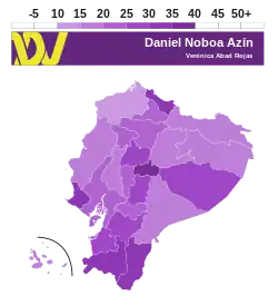 Electorial map of Ecuador depicting the performance results of the ADN party (of Noboa and his running mate Verónica Abad) per province