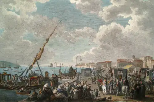 Painting shows crowds of people dressed in early 1800s clothing getting off horse-drawn carriages near the sea.
