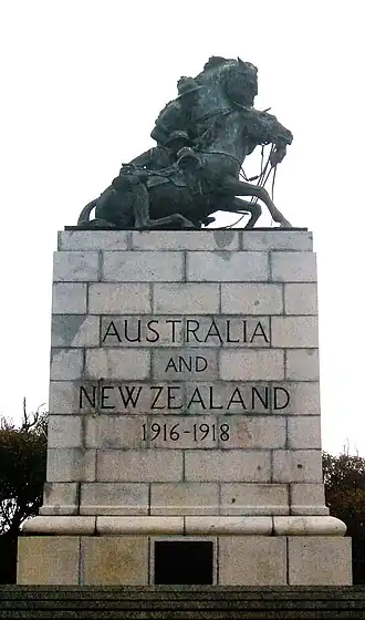 The Desert Mounted Corps Memorial at Mount Clarence, Albany, Western Australia. The memorial originally stood in Port Said, Egypt, until it was damaged in anti-British riots, during the Suez Crisis of 1956. Albany is also linked with the corps by the fact that among the Australian and New Zealand Army Corps (ANZAC) were the Light Horsemen, mounted infantry units which left Australia from there in November 1914.