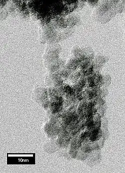 An image resembling a cluster of grape where the cluster consists of nearly spherical particles of 5 nm (2.0×10−7 in) diameter