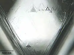 A triangular facet of a crystal having triangular etch pits with the largest having a base length of about 0.2 millimetres (0.0079 in)