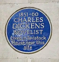 Blue plaque on BMA House commemorating Dickens and Tavistock House
