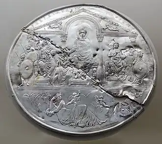 Late Roman-early Byzantine pediment on the Missorium of Theodosius I, 388, silver, Real Academia de la Historia, Madrid, Spain[14]