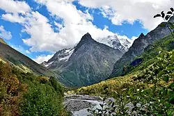 View of the mountain from the gorge from the side of Dombay