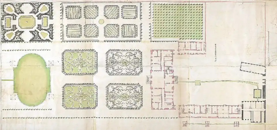 The original design from 1722 for Donaueschingen palace. Ultimately only the wing right below was realized. The right corner was ravaged by fire in 1821