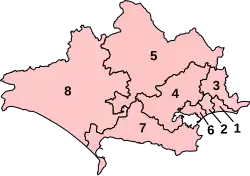 Numbered map of the parliamentary constituencies of Dorset created by the 2023 boundary review and first used at the 2024 UK general election.