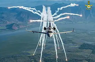A DRDO Netra in flight, deploying flares