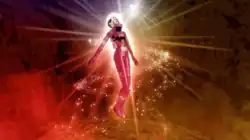 An animated Dua Lipa floating in air with sparkles surrounding her, collecting a jeweled heart which is floating