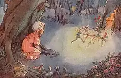 Illustration of a girl in shadow watching a cirlce of fairies dance