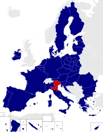 Map of the European Parliament constituencies with North-East Italy highlighted in red